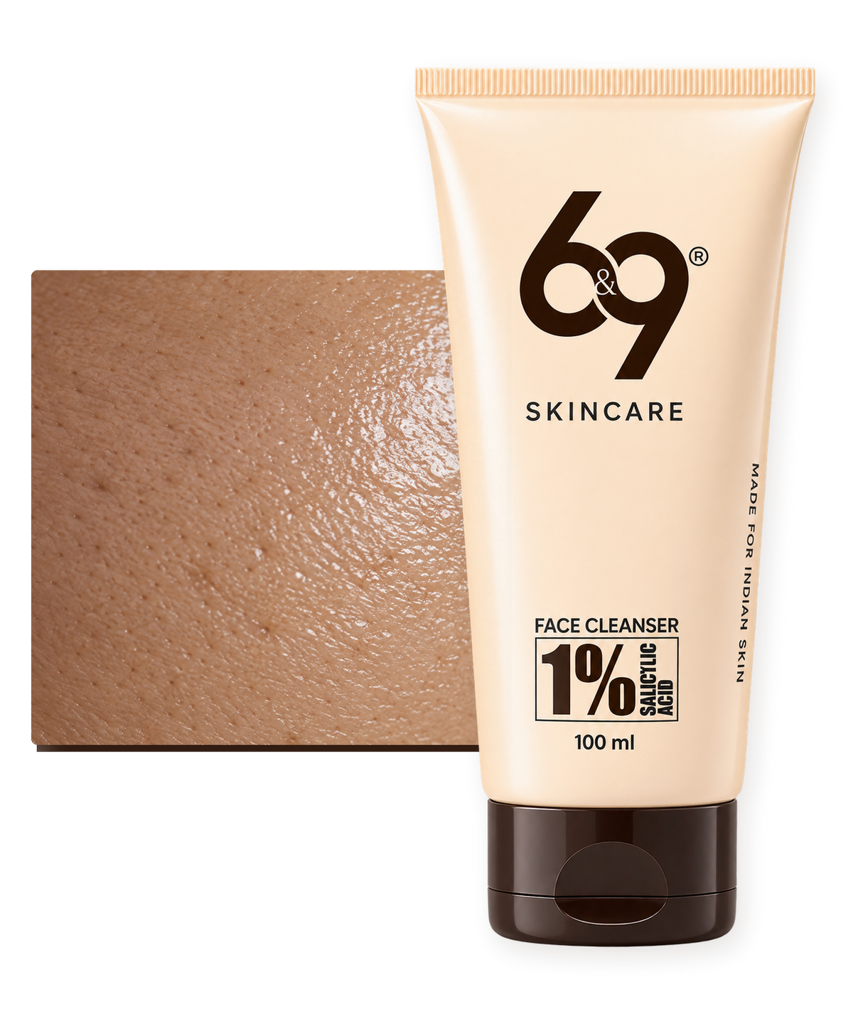 1% Salicylic Acid Face Cleanser tube with skin texture visual